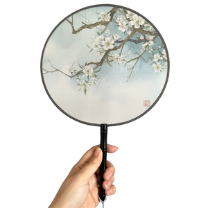 Chinese Cherry Blossoms Paddle Hand Fan w/ Tassel